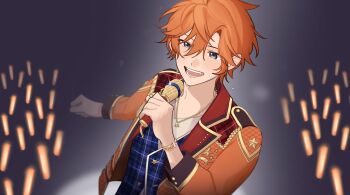 1boy akehoshi_subaru bbahot blue_eyes blue_vest ensemble_stars! hair_between_eyes highres holding holding_microphone jacket jewelry long_sleeves looking_ahead male_focus microphone necklace open_mouth orange_hair orange_jacket outstretched_arm short_hair smile solo sweat teeth tongue upper_body vest waistcoat