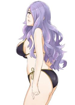 1girl ass bare_shoulders bikini breasts butt_crack_outline camilla_(fire_emblem) fire_emblem fire_emblem_fates hair_over_one_eye j@ck large_breasts long_hair looking_at_viewer looking_back nintendo one_eye_covered purple_eyes purple_hair side-tie_bikini_bottom sideboob simple_background solo swimsuit wavy_hair white_background