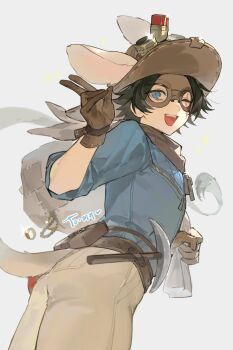 1boy :d animal_ears ass beikupangxie belt belt_pouch black_hair blue_eyes blue_jacket bridge_piercing brown_belt brown_gloves brown_hat cowboy_shot eye_mask face_piercing gloves hat highres identity_v jacket looking_at_viewer looking_back male_focus mask norton_campbell norton_campbell_(two-faced) official_alternate_costume one_eye_closed open_mouth piercing pouch rabbit_ears sleeves_rolled_up smile solo tail v