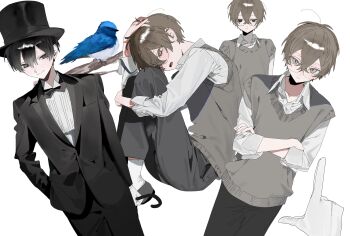bird black_bow black_bowtie black_eyes black_hair black_jacket black_pants black_shoes blue-and-white_flycatcher bow bowtie brown_eyes brown_hair closed_mouth collared_shirt crossed_arms crossed_bangs formal_clothes glasses hair_between_eyes hand_in_pocket hat highres jacket long_sleeves looking_at_viewer male_focus ml_rmi multiple_boys multiple_views open_mouth original pants pov pov_hands shirt shoes short_hair smile socks suit sweater_vest top_hat vest white_background white_shirt