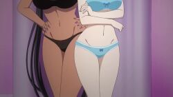 1boy 2girls animated anime_screenshot arms_under_breasts ass back black_bra black_hair black_panties blonde_hair blue_bra blue_jacket blue_panties blush bouncing_breasts bra bra_lift breasts butt_crack chotto_dake_ai_ga_omoi_dark_elf_ga_isekai_kara_oikakete_kita closed_eyes clothes_lift colored_inner_hair covering_another&#039;s_breasts covering_own_eyes dark-skinned_female dark_elf dark_skin elf gradient_hair green_eyes groin hair_between_eyes hands_on_own_hips highres huge_ass jacket lifting_own_clothes lips long_hair mariabelle_(chotto_dake_ai_ga_omoi_dark_elf_ga_isekai_kara_oikakete_kita) mochida_sakura_(aiomodarkelf) multicolored_hair multiple_girls navel nipples orange_hair panties pointy_ears purple_hair slit_pupils sound stomach sunohara_hinata tagme two-tone_hair underwear video white_hair wide_hips yellow_eyes