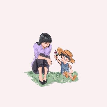 1boy 1girl 2024 aged_down bare_shoulders black_hair blunt_bangs child closed_mouth collared_shirt dated flower gocha_rin hat holding holding_flower long_hair looking_at_another monkey_d._luffy nico_robin nico_robin_(alabasta) official_alternate_costume one_piece pants sandals scar scar_on_face shirt short_hair sitting sleeves_rolled_up smile straw_hat