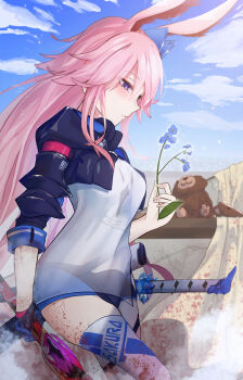 1girl absurdres animal_ears blood blood_on_leg blue_jacket blue_shorts blue_sky breasts commentary_request flower fox_ears fox_girl highres holding holding_flower holding_sword holding_weapon honkai_(series) honkai_impact_3rd jacket long_hair medium_breasts nagonako pink_hair purple_eyes shirt short_shorts shorts sky solo stuffed_animal stuffed_toy sword teddy_bear thighhighs very_long_hair weapon white_shirt white_thighhighs yae_sakura yae_sakura_(goushinnso_memento)