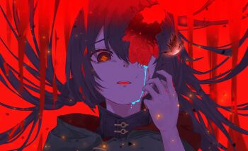 Rule 34 | 1girl, black hair, cradle (pgr), crying, hair between eyes, highres, hood, hood down, iiciel, long hair, magic circle, open mouth, punishing: gray raven, red eyes, sidelocks, solo, symbol-shaped pupils, tagme, tears, teeth, upper teeth only