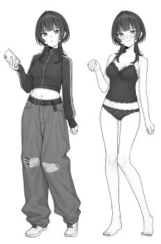 1girl absurdres barefoot belt blush breasts cellphone collarbone commentary_request greyscale highres holding holding_phone jacket lingerie long_hair looking_at_viewer midriff monochrome multiple_girls multiple_views navel ochiai_miyabi original pants phone shoes smartphone sneakers torn_clothes torn_pants underwear underwear_only