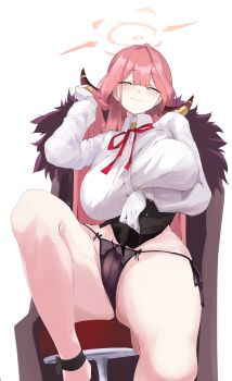 1girl absurdres arm_under_breasts aru_(blue_archive) black_panties blue_archive breasts brown_coat brown_horns cameltoe clothes_lift coat coat_on_shoulders curvy demon_horns fur-trimmed_coat fur_trim gloves half-closed_eyes halo highres horns huge_breasts knee_up lace lace_panties long_hair long_sleeves looking_at_viewer narrow_waist orange_halo panties pink_hair pink_halo s4ika seductive_smile bad_tag shirt side-tie_panties simple_background sitting skirt skirt_lift smile solo string_panties thick_thighs thighs unaligned_breasts underwear white_background white_gloves white_shirt