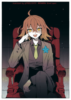 1girl ahoge black_pants black_shirt chair crossed_legs fate/grand_order fate_(series) formal_clothes fujimaru_ritsuka_(female) fujimaru_ritsuka_(female)_(fgo_fes._2024) green_necktie looking_at_viewer meiji_ken necktie on_chair open_mouth orange_hair pants shirt short_hair smile solo suit twitter_username yellow_eyes