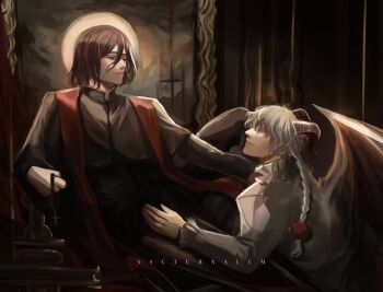 2boys bat_wings bob_cut braid brown_hair bungou_stray_dogs cassock clerical_collar coat cross_pendant curtains dazai_osamu_(bungou_stray_dogs) demon_horns fyodor_dostoyevsky_(bungou_stray_dogs) hair_between_eyes highres holding_rosary horns male_focus multiple_boys n0cturnalcm parody portrait_(object) reaching reaching_towards_another red_sash sash short_hair sitting smile sun_behind_head upper_body white_coat white_hair wings