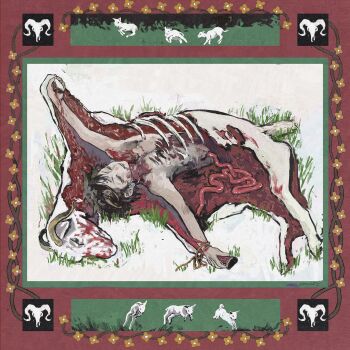 1boy aged_down animal_sacrifice animal_skull armor baby_animal bisected black_hair blood border bound bound_wrists chrollo_lucilfer closed_eyes cross cross_tattoo death earrings eyelashes flower forehead_tattoo framed from_side grass guro highres hunter_x_hunter intestines inverted_cross jewelry jumping lamb lying male_focus on_back ornate_armor ornate_border outstretched_arms ouvins ram_skull red_border ribs sheep shirt short_hair smile spread_arms symbolism tattoo