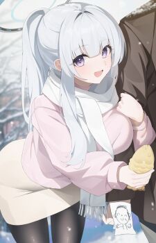 1boy 1girl absurdres alternate_costume black_pantyhose blue_archive blush breasts brown_coat casual coat commentary doodle_sensei_(blue_archive) food halo highres holding holding_another's_arm holding_food k_cyp large_breasts looking_at_viewer mechanical_halo noa_(blue_archive) open_mouth pantyhose ponytail purple_eyes scarf sensei_(blue_archive) smile snow snowing taiyaki tree wagashi white_hair white_scarf