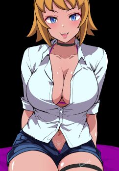1girl absurdres artist_name batta_16-sei black_background black_choker blue_eyes blush bra bra_peek breasts choker cleavage closed_mouth collarbone collared_shirt commentary_request cowboy_shot denim denim_shorts gundam gundam_build_fighters gundam_build_fighters_try highres hoshino_fumina large_breasts looking_at_viewer navel open_fly orange_hair panties panty_peek partially_unbuttoned pubic_tattoo shirt short_hair shorts sitting smile solo split_mouth tan tattoo thigh_strap underwear white_shirt