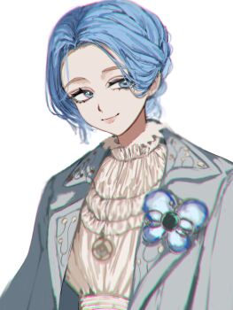 1girl ameme_0204 blue_coat blue_eyes blue_hair closed_mouth coat dress hashtag-only_commentary highres lies_of_p looking_to_the_side pink_lips simple_background smile solo sophia_monad standing upper_body white_background white_dress