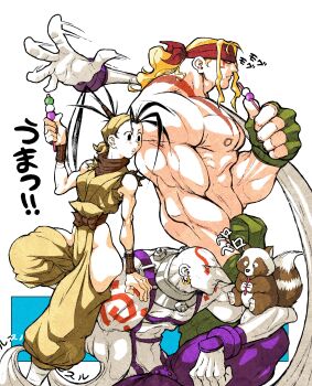 Rule 34 | absurdres, alex (street fighter), animal, animal on shoulder, antenna hair, arm guards, baggy pants, bald, bandaged leg, bandages, black hair, blonde hair, bow, clothing cutout, collar, dango, don (street fighter), ear piercing, earrings, eating, extended arm, facial mark, fillter, fingerless gloves, food, gloves, green gloves, headband, highres, hip vent, holding, holding food, ibuki (street fighter), jewelry, long hair, long nose, markings, multiple boys, muscular, necro (street fighter), ninja, nipples, pants, piercing, ponytail, red headband, scarf, shirt, simple background, sitting, strap, street fighter, street fighter iii (series), stretching, tanuki, topless male, torn clothes, torn sleeves, wagashi, waist bow, white background