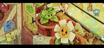 Rule 34 | :d, artist name, black eyes, bug, butterfly, cabbage-pult (plants vs. zombies), chinese commentary, commentary request, flower pot, from above, garden, halftone, highres, hightguy, insect, letterboxed, looking at viewer, marigold (plants vs. zombies), melon-pult (plants vs. zombies), no humans, open mouth, plant, plant focus, plants vs. zombies, potted plant, smile, snow pea (plants vs. zombies), soil, solid oval eyes, sprout, sticker, stone walkway, sunflower (plants vs. zombies), trowel