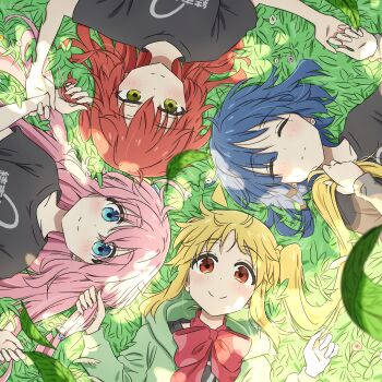 4girls absurdres ahoge black_shirt blonde_hair blue_eyes blue_hair bocchi_the_rock! bow bowtie closed_eyes commentary_request cube_hair_ornament detached_ahoge green_eyes green_hoodie hair_between_eyes hair_ornament hairclip hands_up highres holding_another&#039;s_hair holding_another&#039;s_wrist hood hoodie ijichi_nijika kita_ikuyo light_blush light_frown long_hair looking_at_viewer looking_to_the_side lying mayo_(oekaki_bibbi) mole mole_under_eye multiple_girls on_back on_grass one_side_up parallel_hairclips red_bow red_bowtie red_eyes red_hair shirt short_hair short_sleeves side_ponytail sidelocks smile t-shirt tareme yamada_ryo