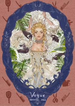 1girl aristocratic_clothes arms_up binoculars black_skin blonde_hair blue_eyes border bottle bow breasts character_name cleavage collarbone colored_skin commentary curly_hair disembodied_hand dress dress_bow embroidery english_commentary expressionless feather_hair_ornament feathers forehead frilled_dress frilled_sleeves frills hair_brush hair_ornament half_updo highres holding holding_binoculars holding_brush holding_hair_brush holding_makeup_brush holding_perfume jewelry lace lace_sleeves large_breasts leaf looking_at_viewer madonna_(singer) makeup_brush mole mole_above_mouth mole_under_eye necklace noir_(ibaraki) opera_glasses ornate_border pearl_hair_ornament pearl_necklace perfume_bottle plant real_life red_lips release_date ring shiny_skin song_name straight-on swan_hair_ornament three-quarter_sleeves upper_body victorian white_bow white_dress white_feathers white_nails