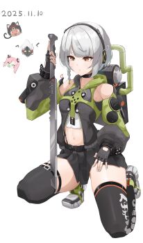 1boy 3girls absurdres anby_demara backpack bag bare_shoulders belted_skirt billy_kid black_gloves black_skirt black_thighhighs braid braided_sidelock chibi closed_mouth clothing_cutout collar dated fingerless_gloves full_body glove_cutout gloves green_jacket green_shoes green_sleeves grey_hair headphones highres holding holding_sword holding_weapon jacket midriff multicolored_sleeves multiple_girls navel nekomiya_mana nicole_demara on_one_knee orange_eyes shoes short_hair simple_background skirt sleeveless sleeveless_jacket sword thighhighs user_ymjw8784 weapon white_background zenless_zone_zero