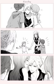 2boys 2girls apron arm_ribbon bare_shoulders black_vest blush braid braided_ponytail cloud_strife commentary_request denzel_(ff7) final_fantasy final_fantasy_vii final_fantasy_vii:_advent_children heart highres holding_hands hood hood_down hoodie kiss kiss_day kissing_cheek kissing_head long_hair marlene_wallace multiple_boys multiple_girls notice_lines ribbon ruka_ika sequential shirt short_hair sleeveless sleeveless_shirt sleeveless_turtleneck smile spiked_hair sweater tifa_lockhart turtleneck turtleneck_sweater upper_body vest waist_apron