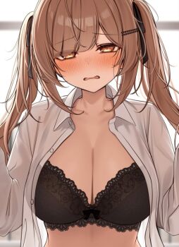 1girl black_bra black_ribbon blush bra breasts brown_eyes brown_hair cleavage collared_shirt commentary_request hair_ribbon imouto-chan_(monaka_curl) large_breasts long_hair monaka_curl open_clothes open_shirt original ribbon shirt solo twintails underwear upper_body white_shirt yellow_eyes