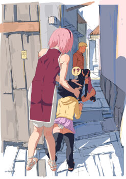 !? 1boy 2019 2020 3girls ac120 age_difference ahoge alley ass bare_legs bare_shoulders black_hair black_pants blonde_hair boruto:_naruto_next_generations breasts breasts_out caught cheating_(relationship) covering_eyes dated day dress father_and_daughter fellatio forehead_protector full_body haruno_sakura hetero highres hood hoodie kneeling kneepits knees_together_feet_apart loli long_sleeves mother_and_daughter multiple_girls naruto_(series) nipples no_socks older_male_and_younger_female onlookers oral orange_shirt outdoors panties pants pants_under_dress pigeon-toed pink_hair pink_skirt pleated_skirt public_indecency purple_skirt red_dress sandals shirt shorts sideboob skirt small_breasts speech_bubble spoken_interrobang standing sweat sweatdrop thighhighs toes uchiha_sarada unbuttoned_pants underwear uzumaki_himawari uzumaki_naruto watching white_panties white_shorts yellow_hoodie