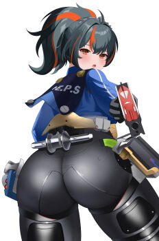 1girl absurdres aiming aiming_at_viewer ass ass_focus black_gloves black_hair black_pants black_shoes blue_jacket blue_trim blush breasts capelet clothes_writing commentary cowboy_shot cropped_jacket curvy gloves gun hairdressing handlebar high-waist_pants highres holding holding_gun holding_weapon holster huge_ass jacket knee_pads long_hair long_sleeves looking_at_viewer looking_back multicolored_hair open_mouth pants police police_uniform policewoman ponytail red_eyes red_hair shiny_clothes shoes shoulder_holster simple_background streaked_hair thick_thighs thighs two-tone_hair weapon white_background wide_hips yami_(darknight449) zenless_zone_zero zhu_yuan