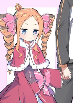 1boy 1girl absurdres beatrice_(re:zero) black_jacket black_pants blonde_hair blue_eyes border bow butterfly-shaped_pupils capelet crown dress dress_bow drill_hair frilled_dress frilled_sleeves frills fur-trimmed_capelet fur_trim hair_ribbon hanten_(hantennano) highres holding_hands jacket long_hair mini_crown multicolored_jacket natsuki_subaru pants parted_bangs pink_border pink_bow pink_ribbon re:zero_kara_hajimeru_isekai_seikatsu red_capelet red_dress ribbon sidelocks smile symbol-shaped_pupils track_jacket track_pants twin_drills two-tone_jacket white_background white_jacket wide_sleeves