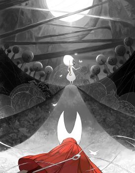 Rule 34 | arthropod girl, black skin, blank eyes, bodysuit, bug, butterfly, cloak, colored skin, darkdog, from behind, greyscale, hashtag-only commentary, hat, highres, holding, holding behind back, holding weapon behind back, hollow knight, hollow knight: silksong, hornet (hollow knight), horns, insect, lace (hollow knight), looking at another, mask, monochrome, needle (hollow knight), pin (hollow knight), red cloak, silk, spot color, weapon, weaver (hollow knight), white eyes, white hat, white mask