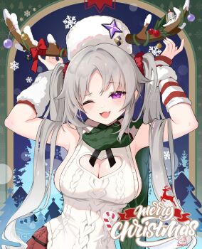 2girls ;d alice_vu breasts christmas_tree cleavage cleavage_cutout clothing_cutout commentary english_commentary fang female_tyrant_(stella_sora) fur_hat grey_hair hat highres horned_hat large_breasts laru_(snowish)_(stella_sora) laru_(stella_sora) looking_at_viewer merry_christmas multiple_girls one_eye_closed open_mouth pantyhose papakha pointy_ears purple_eyes red_pantyhose santa_hat scarf sidelocks skin_fang sleeveless smile snowflakes solo stella_sora sweater twintails twitter_username tyrant_(stella_sora) upper_body white_hat