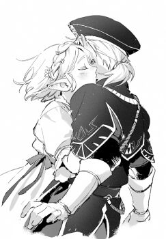 1boy 1girl blush closed_eyes commentary_request couple earrings flower gloves greyscale hair_flower hair_ornament hair_tie hat hetero hug jewelry link low_ponytail military_hat military_uniform monochrome nintendo official_alternate_costume parted_bangs pointy_ears ponytail princess_zelda puffy_short_sleeves puffy_sleeves renyuu royal_guard_set_(zelda) short_sleeves sidelocks the_legend_of_zelda the_legend_of_zelda:_breath_of_the_wild upper_body white_background white_gloves