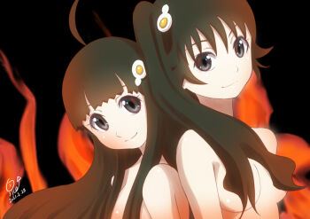 2girls ahoge araragi_karen araragi_tsukihi artist_name back-to-back bakemonogatari black_background black_eyes black_hair breasts close-up closed_mouth commentary completely_nude convenient_censoring dated egg_hair_ornament fiery_background fire food-themed_hair_ornament fried_egg from_side hair_between_eyes hair_ornament hair_over_breasts height_difference huumoon light_smile long_hair looking_at_viewer looking_to_the_side medium_breasts monogatari_(series) multiple_girls nude siblings side_ponytail signature sisters smile very_long_hair