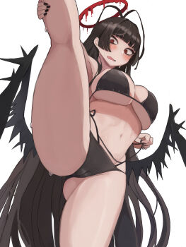 1girl absurdres antenna_hair bikini black_bikini black_hair black_nails black_wings blue_archive blush breasts cameltoe halo highres kim_somang large_breasts long_hair looking_at_viewer navel open_mouth red_eyes red_halo solo split standing standing_on_one_leg standing_split stomach sweat swimsuit tsurugi_(blue_archive) very_long_hair wings