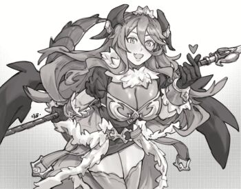 Rule 34 | 1girl, blush, breasts, cleavage, commentary, dragalia lost, dragon girl, dragon horns, dragon tail, fang, finger heart, gloves, greyscale, hair between eyes, heart, holding, holding polearm, holding weapon, horns, large breasts, long hair, looking at viewer, monochrome, mym (dragalia lost), open mouth, polearm, sakuremi, smile, solo, tail, weapon, wings
