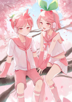 1boy 1girl absurdres alternate_eye_color alternate_hair_color blush bow bowtie cherry_blossoms closed_eyes hair_between_eyes hair_ornament hairclip headphones highres hisui_ame kagamine_len kagamine_rin long_hair midriff navel neckerchief necktie on_tree open_mouth pink_bow pink_bowtie pink_eyes pink_hair pink_nails pink_neckerchief pink_necktie pink_shorts pink_sleeves sakura_len sakura_rin shirt short_hair shorts skirt vocaloid white_shirt white_skirt