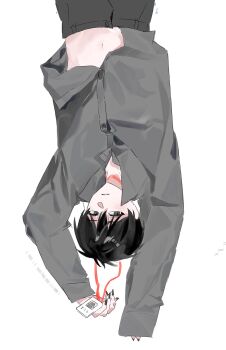 1boy black_eyes black_hair black_nails black_shirt clothes_lift collared_shirt commentary_request cowboy_shot highres id_card kim_dokja korean_commentary male_focus memo_0418 omniscient_reader's_viewpoint outstretched_arms parted_lips shirt shirt_lift short_hair solo stomach upside-down