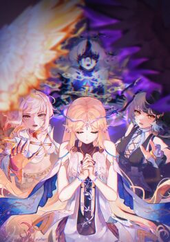 4girls absurdres alyxtarr bare_shoulders black_dress black_hair bra breasts cartethyia_(wuthering_waves) closed_eyes commentary covered_eyes crown_of_thorns dress female_rover_(wuthering_waves) galbrena_(wuthering_waves) highres leviathan_(wuthering_waves) long_hair looking_at_viewer medium_breasts medium_hair multiple_girls navel official_alternate_color open_mouth own_hands_clasped own_hands_together parted_bangs rover_(wuthering_waves) sleeveless sleeveless_dress stomach tabard tacet_mark_(wuthering_waves) underwear very_long_hair white_bra white_tabard wuthering_waves yellow_eyes