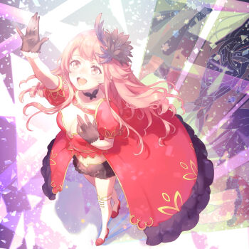 1girl arm_up black_choker black_gloves black_shorts breasts butterfly_choker butterfly_ornament choker cleavage cleavage_cutout clothing_cutout commentary_request confetti dress flower from_above gloves gold_trim hair_flower hair_ornament hand_on_own_chest high_heels highres idol idol_clothes kneehighs lace lace-trimmed_gloves lace_trim long_hair medium_breasts meigo_arisa navel official_alternate_costume open_mouth overskirt pink_eyes pink_hair puffy_short_sleeves puffy_sleeves red_dress red_footwear shadow short_sleeves shorts shoutaura_sequenzia sidelocks smile socks solo_focus stage stage_lights tautiki toaru_majutsu_no_index toaru_majutsu_no_index:_endymion_no_kiseki white_socks