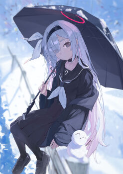1girl absurdres black_jacket black_pantyhose black_sailor_collar black_umbrella blue_archive commentary_request highres holding holding_umbrella jacket loafers looking_at_viewer multicolored_hair open_clothes open_jacket pantyhose plana_(blue_archive) pleated_skirt sailor_collar shoes sitting skirt snow snowman two-tone_hair umbrella xin_kong_miao_you_my