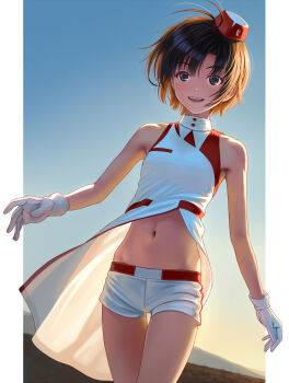 1girl bare_shoulders black_eyes black_hair commentary_request cowboy_shot dress gloves hat highres idolmaster kikuchi_makoto midriff navel nekopuchi open_mouth outdoors outside_border pillarboxed red_dress short_hair short_shorts shorts smile solo teeth two-tone_dress upper_teeth_only voy@ger_(idolmaster) white_dress white_gloves white_shorts