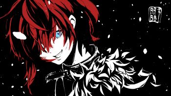 Rule 34 | 1girl, black background, blade &amp; bastard, blue eyes, bobbyjack, commentary, english commentary, garbage (blade &amp; bastard), grin, hair over one eye, high contrast, highres, messy hair, red hair, sharp teeth, short hair, signature, simple background, smile, solo, teeth, upper body, wizardry