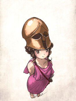 Rule 34 | 1girl, ancient greek clothes, arms behind back, baldric, blush, brown eyes, brown hair, chiton, commentary, corinthian helmet, curly hair, english commentary, greco-roman clothes, helmet, highres, hoplitissa (ironlily), ironlily, looking to the side, medium hair, original, simple background, smile, sword, tiptoes, weapon