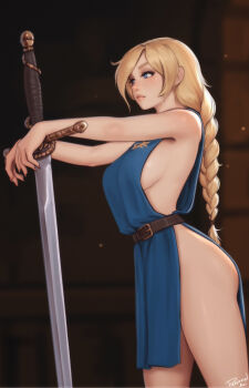 artist_name belt blonde_hair blue_eyes blue_tabard braid braided_ponytail breasts from_side greatsword hands_on_hilt highres large_breasts long_hair naked_tabard no_bra no_panties original personal_ami sideboob signature sword tabard weapon