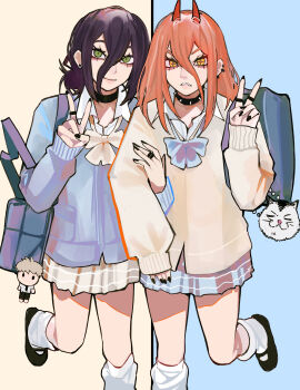 2girls absurdres bag black_choker chainsaw_man choker cross-shaped_pupils demon_girl demon_horns denji_(chainsaw_man) full_body green_eyes highres horns looking_at_viewer meowy_(chainsaw_man) multiple_girls power_(chainsaw_man) reze_(chainsaw_man) sailen0 school_uniform short_hair stuffed_animal stuffed_toy symbol-shaped_pupils v