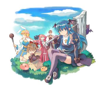 5girls :3 acolyte_(ragnarok_online) animal_ears arch_bishop_(ragnarok_online) aura back_bow black_dress black_shirt black_shorts black_wings blonde_hair blue_dress blue_eyes blue_hair blue_sky bow braid breasts brown_capelet brown_eyes brown_hair brown_shirt brown_skirt bush capelet cleavage_cutout closed_mouth clothing_cutout cloud coat commentary_request cross deviruchi dress drops_(ragnarok_online) fake_animal_ears frilled_thighhighs frills frown full_body garter_straps grey_shoes grey_thighhighs hair_bow half_up_braid head_wings high_priest_(ragnarok_online) highres holding holding_mace holding_weapon juliet_sleeves long_hair long_sleeves looking_afar looking_at_viewer mace medium_breasts monk_(ragnarok_online) multiple_girls open_mouth pink_hair pointy_ears poring priest_(ragnarok_online) puffy_sleeves rabbit_ears ragnarok_online red_bow red_dress red_eyes sash shatiko shirt shoes short_sleeves shorts sitting skirt sky slime_(creature) smile spiked_mace spikes thighhighs two-tone_dress weapon white_bow white_coat white_dress white_sash white_thighhighs wings yellow_sash