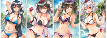 animal_ears arm_behind_head bikini black_bikini black_hair blue_bikini blue_hat bow bow_bikini breasts checkered_bikini checkered_clothes cleavage closed_mouth commentary_request day frilled_bikini frills front-tie_bikini_top front-tie_top hair_bow hajike_akira halterneck hat himekaidou_hatate iizunamaru_megumu inubashiri_momiji large_breasts leaf_print long_hair looking_at_viewer medium_breasts medium_hair mismatched_bikini open_mouth outdoors partial_commentary pointy_ears pom_pom_(clothes) print_bikini purple_bikini purple_bow purple_eyes purple_hat red_eyes red_hat shameimaru_aya short_hair side-tie_bikini_bottom smile standing string_bikini swimsuit tail tokin_hat touhou traditional_media twintails w_arms white_hair wolf_ears wolf_girl wolf_tail