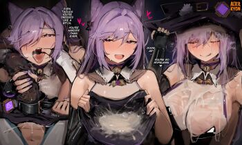 1boy 1girl aether_(genshin_impact) alterkyon artist_name bukkake commentary cone_hair_bun cum cum_in_container cum_in_headwear cum_on_hair cum_on_headwear english_commentary english_text genshin_impact hair_bun halloween halloween_costume handjob hat highres keqing_(genshin_impact) long_hair penis purple_hair purple_nails speech_bubble twintails uncensored vision_(genshin_impact) witch_hat