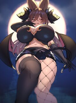 1girl absurdres alternate_costume animal_ears asymmetrical_legwear black_gloves black_skirt black_thighhighs breasts brown_hair closed_eyes closed_mouth commentary dark_background demon_tail demon_wings elbow_gloves english_commentary extra_ears feet_out_of_frame fishnet_pantyhose fishnets from_behind galleon_(granblue_fantasy) garter_straps gloves granblue_fantasy hair_between_eyes hand_up highres horns huge_breasts jifuwabe light_blush long_hair midriff miniskirt mismatched_legwear navel pantyhose pointy_ears skirt solo tail thighhighs tongue tongue_out wing_ornament wings