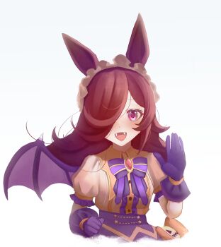 1girl absurdres animal_ears bat_wings black_gloves blush bow breasts brown_hair cropped_torso fangs flipped_hair frilled_hairband frills gloves hair_over_one_eye hairband halloween halloween_costume highres horse_ears horse_girl long_hair looking_at_viewer official_alternate_costume open_mouth puffy_short_sleeves puffy_sleeves purple_eyes purple_wings rice_shower_(umamusume) rice_shower_(vampire_makeover!)_(umamusume) shirt short_sleeves simple_background skirt smile solo suzuhachi umamusume waving white_background white_shirt wings