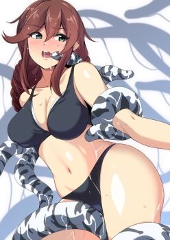 1girl 1other bikini black_bikini braid breasts brown_hair cleavage enemy_naval_mine_(kancolle) green_eyes highres kantai_collection large_breasts liquid lying navel noshiro_(kancolle) noshiro_(swimsuit)_(kancolle) restrained solo swimsuit tirasi_(so) twin_braids under_covers