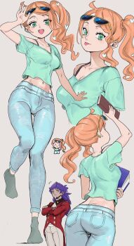 1boy 1girl aqua_eyes aqua_shirt aqua_socks ass beard black_collar blue-tinted_eyewear book breasts brown_pants chibi chibi_inset closed_mouth coat collar collarbone crossed_arms dark-skinned_male dark_skin denim eyewear_on_head facial_hair gluteal_fold hair_ornament hand_up heart heart_hair_ornament highres holding holding_book jeans leon_(pokemon) long_hair medium_breasts midriff multiple_views nintendo no_coat no_shoes off_shoulder open_mouth orange_hair pants pokemon pokemon_swsh purple_hair red_coat shirt side_ponytail smile socks sonia_(pokemon) sukoyaka_tsukasa sunglasses swept_bangs tailcoat teeth tinted_eyewear tongue tongue_out upper_teeth_only v-neck wavy_hair yellow-framed_eyewear yellow_eyes