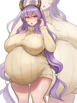 13otsu 1girl arknights big_belly blush breasts curvy feet_out_of_frame hair_between_eyes hairband hand_on_own_belly highres horns huge_breasts long_hair looking_at_viewer parted_lips pink_eyes pregnant purple_hair sidelocks standing sweater thick_thighs thighs turtleneck turtleneck_sweater typhon_(arknights) very_long_hair wide_hips
